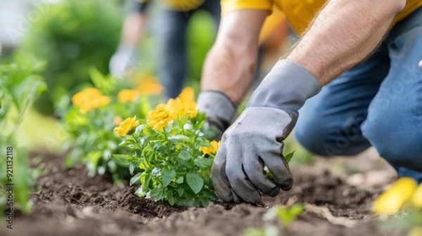 Obraz A gardener, wearing gloves, diligently plants yellow flowers in a garden bed, exemplifying dedication to creating a bright and welcoming garden space.