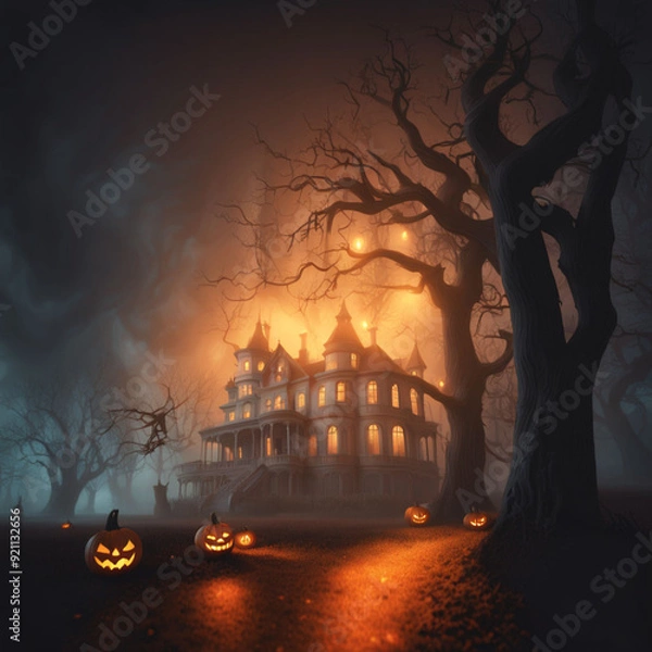 Fototapeta A haunted Victorian mansion surrounded by fog and twisted trees, with glowing jack-o'-lanterns lining the pathway | Variant 1