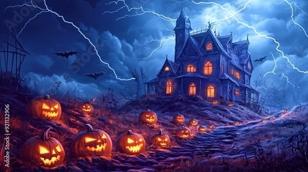 Obraz Halloween background with a haunted house on a hill, lit by lightning, with a path lined with sinister-looking pumpkins