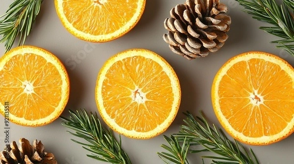 Fototapeta   Oranges sliced in half, arranged with pinecones