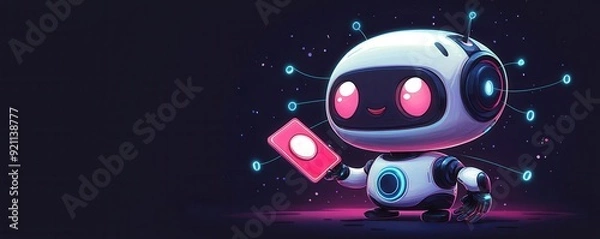 Fototapeta A cheerful robot character holding a card, set in a vibrant, futuristic background, representing technology and innovation.