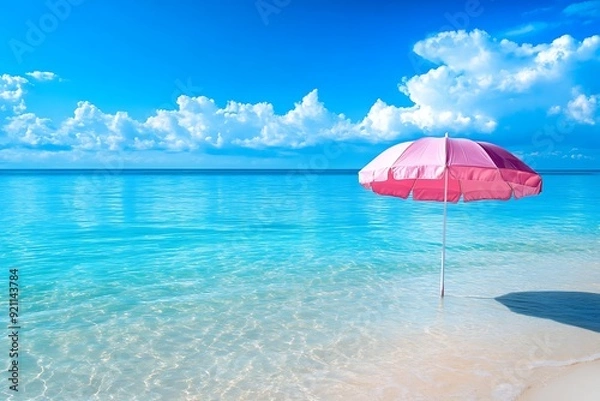 Fototapeta Serene Summer Paradise with Beach Umbrella Overlooking Clear Blue Sea
