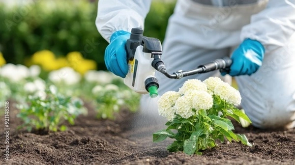Fototapeta A person in protective clothing is spraying plants with a garden sprayer, focusing on the application of pesticides or fertilizers to maintain plant health.