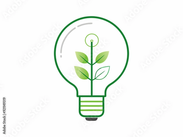 Fototapeta continuous single line drawing of green plant in light bulb, green energy concept line art vector illustration
