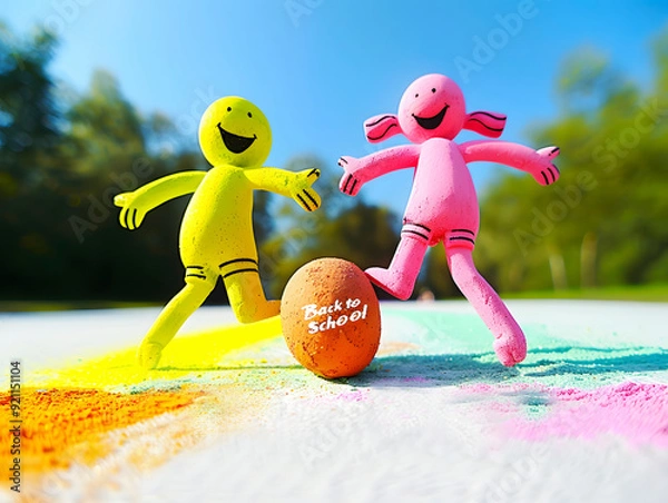 Fototapeta Two small figures of a boy and a girl are playing with a soccer ball in a park. On the ball is written "Back to school".