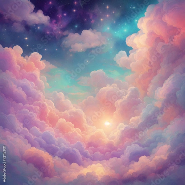 Fototapeta Aesthetic dreamlike background with pastel colors, twinkling stars and colorful clouds | Variant 1