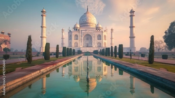 Fototapeta The Taj Mahal at sunrise, with its iconic white marble dome and minarets bathed in the soft golden light of early morning,