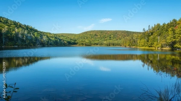 Obraz The tranquil scene of Acadia National Park's Little Long Pond, with its calm waters reflecting