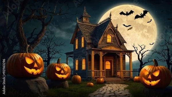 Fototapeta Holiday Decorated House Halloween. Night scene, backlight, shadow. Halloween haunted house under the moon