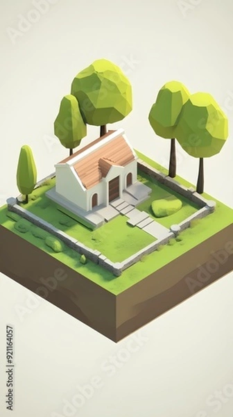 Fototapeta Low Poly Illustration of a House with a Fence and Trees