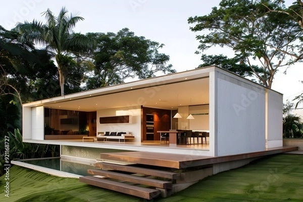 Fototapeta Modern Minimalist House with a Swimming Pool and a Wooden Deck