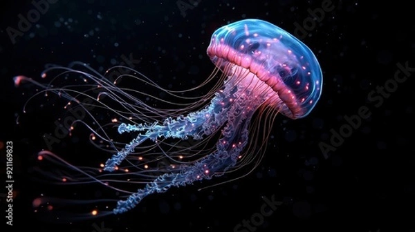 Fototapeta A vibrant jellyfish swimming gracefully in dark waters, showcasing its luminous colors and flowing tentacles in a mesmerizing display.