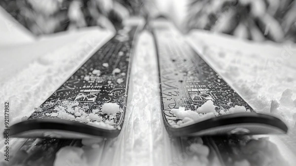 Fototapeta Two black and white skis resting in the snow, captured from a low angle to emphasize the tips and snowy texture.