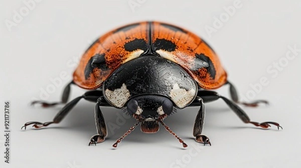 Fototapeta Detailed close-up of a ladybug showcasing its vibrant orange and black pattern and head features.