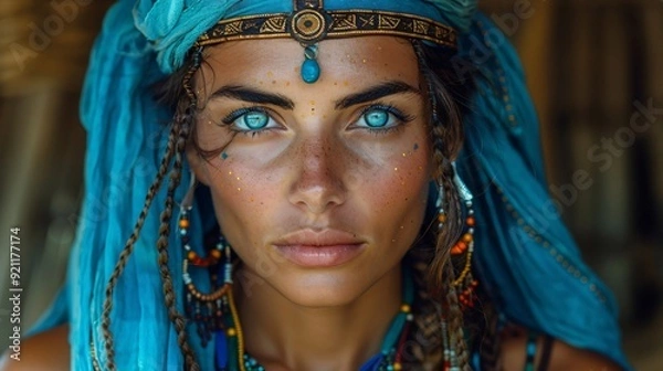 Fototapeta A striking portrait of a woman in bright tribal attire, featuring intricate accessories and piercing blue eyes, having a bold expression.