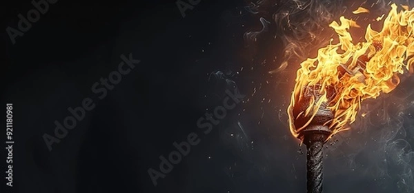 Obraz Burning torch with flames and smoke against a dark background.  A symbol of hope, freedom and strength.