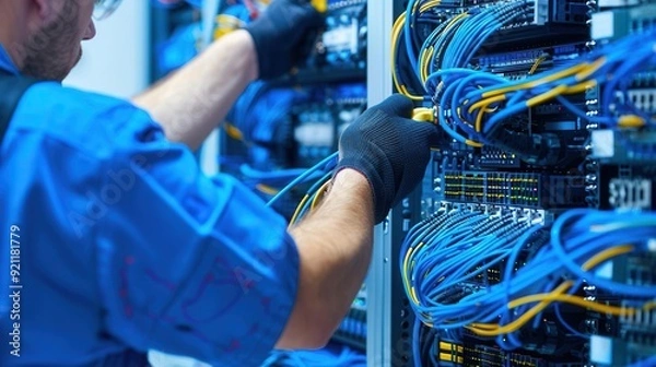 Fototapeta Technician repairing fiber optic cables in a data center, telecommunications, network maintenance