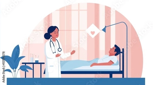 Fototapeta A nurse comforting a patient in a modern, bright hospital room, symbolizing compassion, care, and the human side of healthcare
