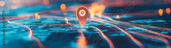 Obraz A vivid representation of a GPS location pin on a digital map, symbolizing navigation and connectivity in modern travel.
