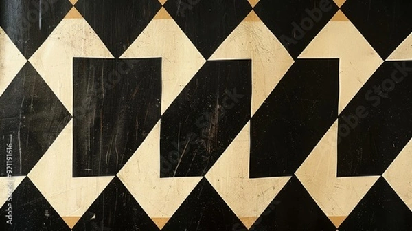 Obraz A close-up view of a worn black and white checkerboard pattern with a subtle beige undertone.