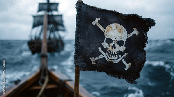 Fototapeta Jolly roger pirate flag waving on a ship. 
