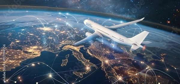 Obraz A white airplane flying over a map of Europe with connecting lines symbolizing global connectivity. The Earth and space are in the background.