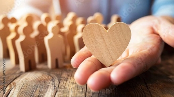 Obraz Leader with caring, empathy, respect. Positive way to lead. Wooden heart gently in a hand.