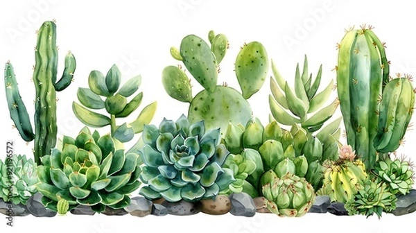 Fototapeta A serene watercolor pattern of cacti and succulents, showcasing various plants in different green hues, seamlessly integrated with smooth transitions and delicate textures, creating a calming and natu