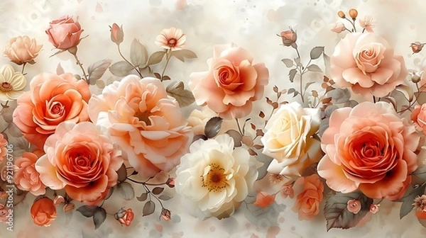 Fototapeta A serene watercolor pattern of floral bouquets, including roses, peonies, and daisies, seamlessly integrated with gentle stems and leaves, painted in soft pastels, with subtle gradients and intricate 