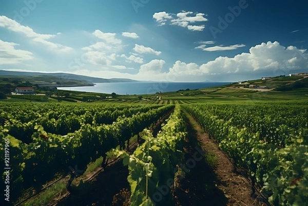Fototapeta A lush green vineyard with a beautiful ocean in the background AI Generated