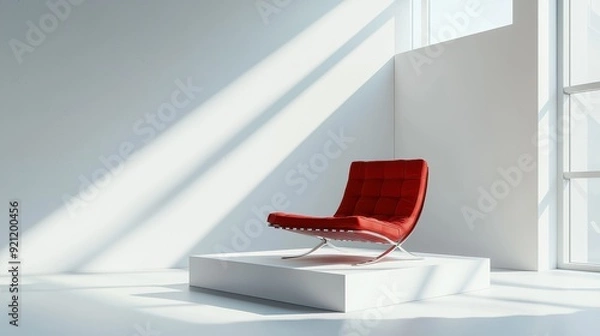 Fototapeta Modern Red Lounge Chair on White Cube Platform in Minimalist Room with Skylight, Product Photography Concept