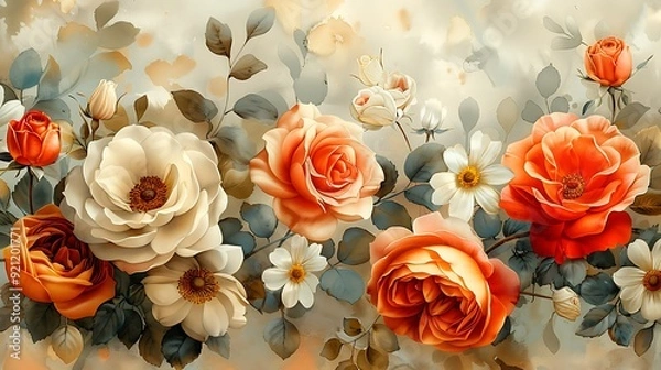 Fototapeta An elegant watercolor pattern showcasing floral bouquets of roses, peonies, and daisies, seamlessly connected with soft, flowing stems and leaves, painted in light, airy pastels with delicate shading 