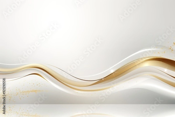Fototapeta Elegant white background with golden wavy lines and glitter.