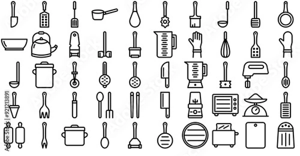 Fototapeta A Collection Of Cookware Icons Collection Isolated Silhouette Solid Icons Including Kitchenware,Cookware,Utensil,Bakery,Cooking Business Infographic Elements Logo Vector Illustration