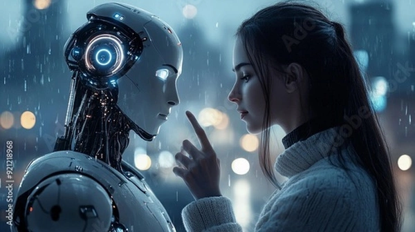 Fototapeta woman with robot in the rain