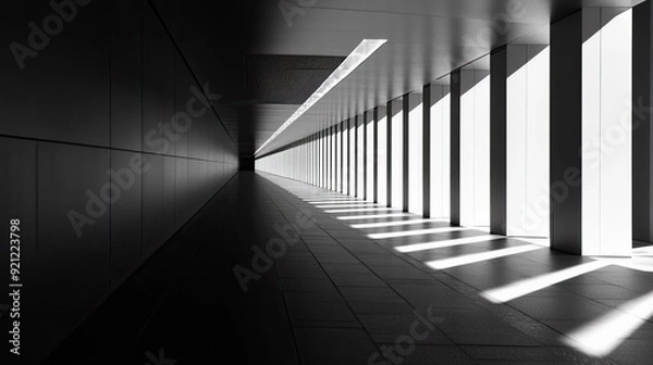 Fototapeta A long, brightly illuminated tunnel, where light and shadow play across sleek surfaces.