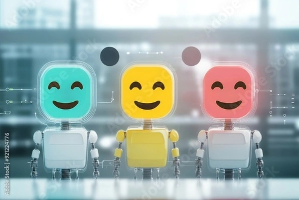 Fototapeta Three cheerful robots with smiling faces stand in a row, representing positive customer service and happiness.