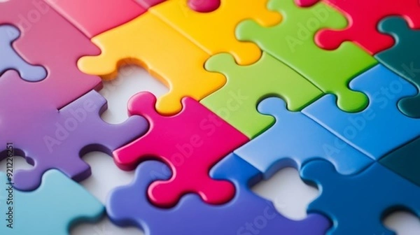 Fototapeta Colorful jigsaw puzzle pieces interlocked, representing teamwork, collaboration, and problem-solving.