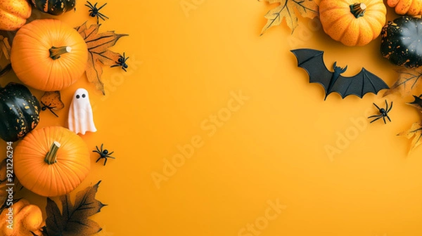 Fototapeta Halloween decorations including pumpkins, bats, ghosts, and spiders on a vibrant yellow background.
