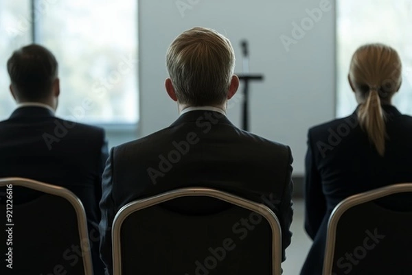 Fototapeta Three business professionals sit in chairs facing a speaker's podium.  They are listening attentively to a presentation.  The focus is on their backs.