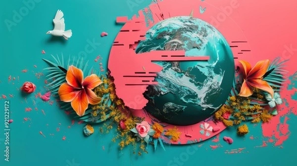 Fototapeta A haunting, abstract painting depicting a fragmented globe surrounded by symbols of conflict and unrest, highlighting global challenges.