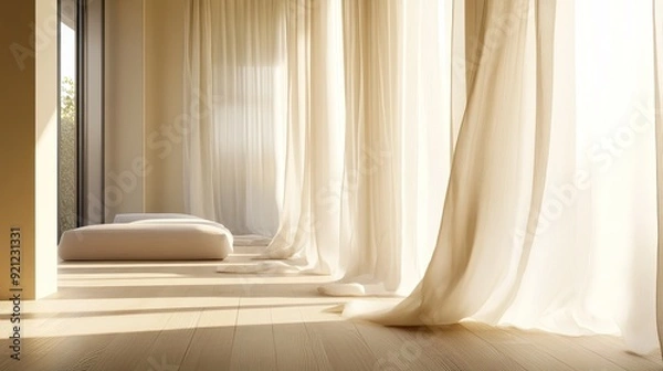 Fototapeta Wind moves through light curtains, creating a serene and peaceful scene with soft sunlight.