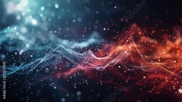 Fototapeta Abstract digital landscape with red and blue hues and bokeh effect.