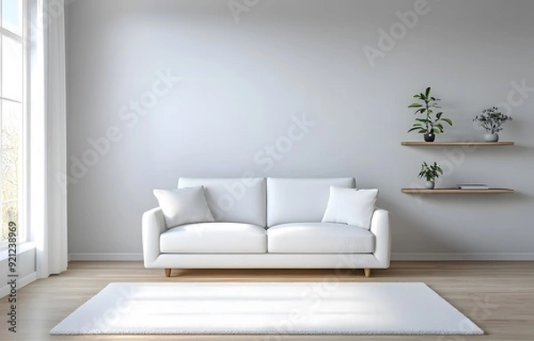 Fototapeta A white sofa sits in the center of an empty living room with light gray walls