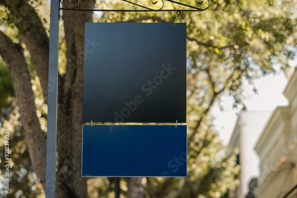 Obraz Black metal sign displayed outdoors on a street with copy space