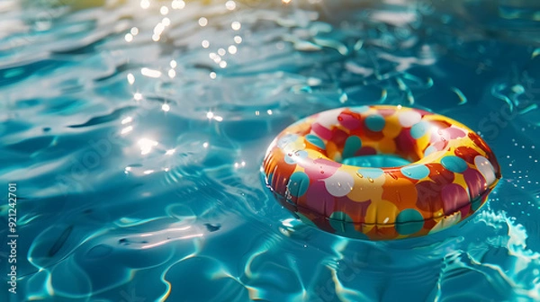 Fototapeta A vibrant swim ring floats gently on the surface of a sunlit swimming pool.