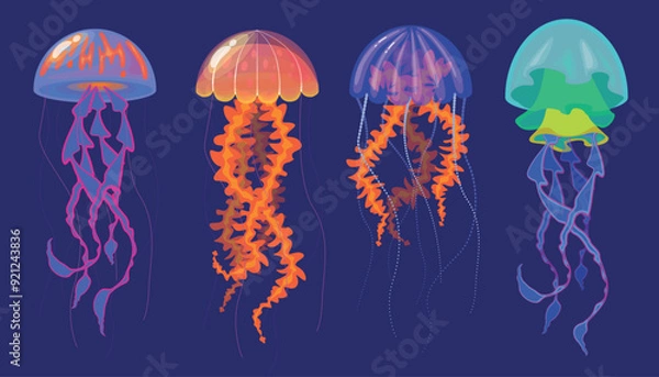 Fototapeta Set of transparent jellyfish in cartoon style.Vector illustration of sea jellyfish of different species with gelatinous body, cap, pulling tentacles isolated on dark blue background. Underwater world.