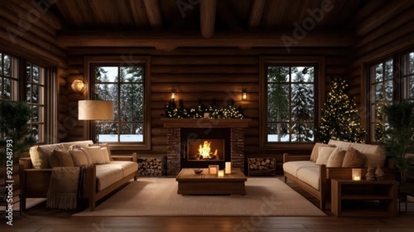 Fototapeta A cozy living room with a fireplace and a Christmas tree. The room is filled with wooden furniture and has a warm, inviting atmosphere