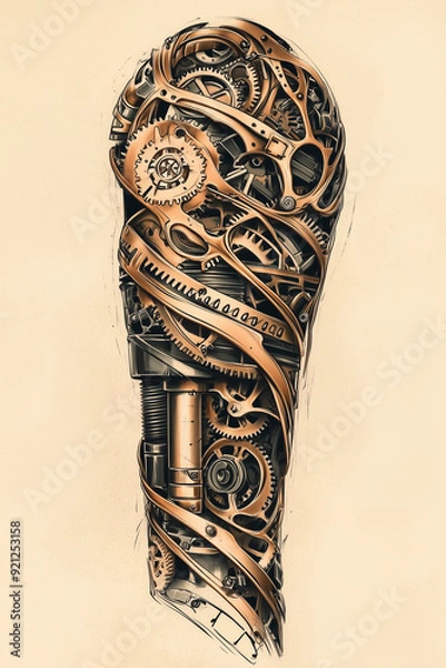 Fototapeta sketch of a full tattoo sleeve in a steampunk style. The design should incorporate intricate gears, cogs, and mechanical elements seamlessly integrated with Victorian-era aesthetics. 