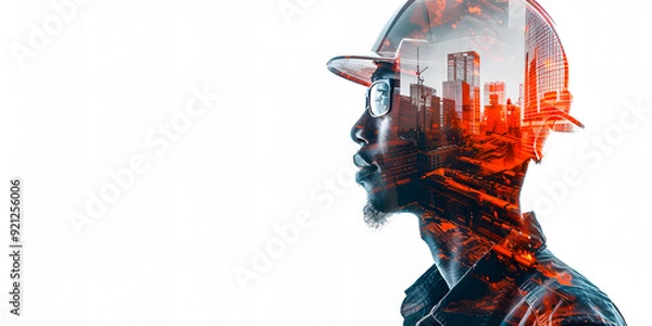 Fototapeta A creative double exposure image of an engineer with a cityscape overlay. The man wears a hard hat and safety vest, symbolizing construction and urban development, with a modern, high-tech atmosphere.
